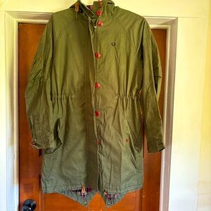 FRED PERRY plaid lined canvas parka green and burgundy S.